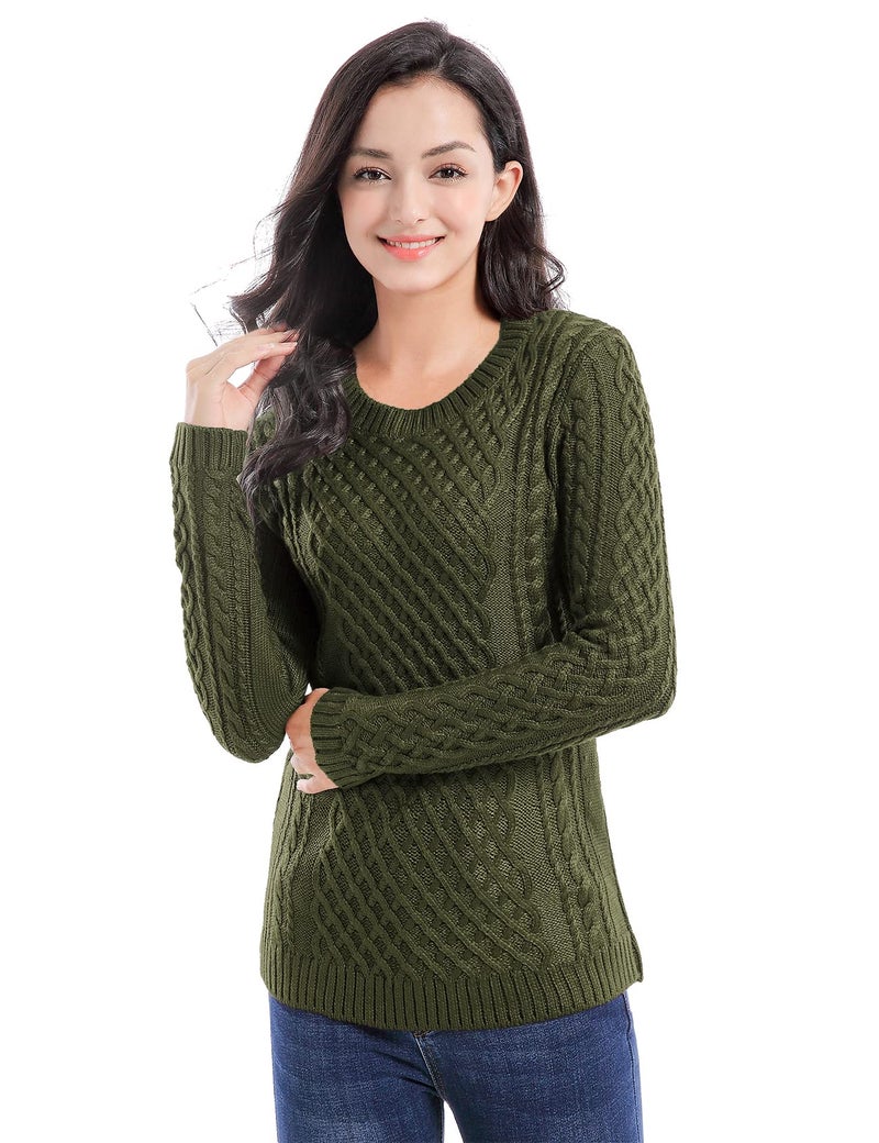 v28 Women Crew Neck Korea Knit Stretchable Elasticity Long Sleeve Sweater Jumper (M, ArmyGreen) - Image 2
